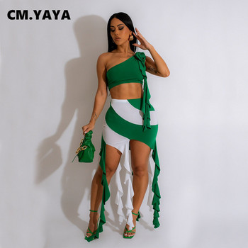 CM.YAYA Γυναικεία Patchwork Bodycon Μίντι φούντες φούστες σετ και λουλουδάτο φανελάκι με έναν ώμο 2023 Summer INS Two 2 Piece outfit φόρεμα