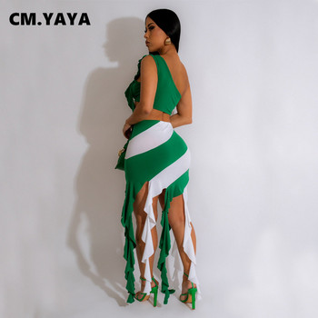 CM.YAYA Γυναικεία Patchwork Bodycon Μίντι φούντες φούστες σετ και λουλουδάτο φανελάκι με έναν ώμο 2023 Summer INS Two 2 Piece outfit φόρεμα