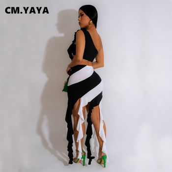 CM.YAYA Γυναικεία Patchwork Bodycon Μίντι φούντες φούστες σετ και λουλουδάτο φανελάκι με έναν ώμο 2023 Summer INS Two 2 Piece outfit φόρεμα