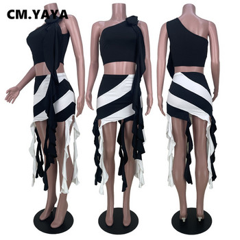 CM.YAYA Γυναικεία Patchwork Bodycon Μίντι φούντες φούστες σετ και λουλουδάτο φανελάκι με έναν ώμο 2023 Summer INS Two 2 Piece outfit φόρεμα