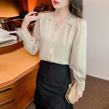 Нови модни сатенени блузи с дълъг ръкав Дамски секси дантелени шевове Офис OL Ризи Дамски ретро топове Blusas Mujer De Moda 2024