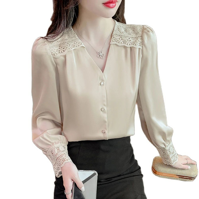Jaunas modes, satīna blūzes ar garām piedurknēm Sieviešu seksīgas, mežģīņu izšūšanas biroja krekli Sieviešu vintage topi Blusas Mujer De Moda 2024