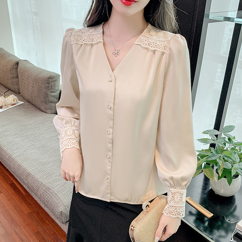 Jaunas modes, satīna blūzes ar garām piedurknēm Sieviešu seksīgas, mežģīņu izšūšanas biroja krekli Sieviešu vintage topi Blusas Mujer De Moda 2024