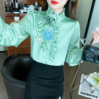 Зелена сатенена риза Дамски пролетен и есенен топ 2024 г. Нови горнища от висок клас Шикозни красиви блузи с дълги ръкави с яка с волани