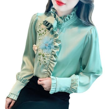 Зелена сатенена риза Дамски пролетен и есенен топ 2024 г. Нови горнища от висок клас Шикозни красиви блузи с дълги ръкави с яка с волани