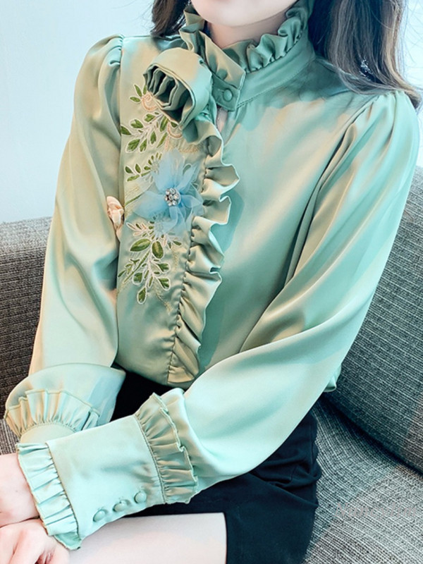 Roheline satiinsärk Naiste kevad- ja sügistopp 2024, uued tippklassi topid Šikk kaunite lilledega volangidega kraega pikkade varrukatega pluusid