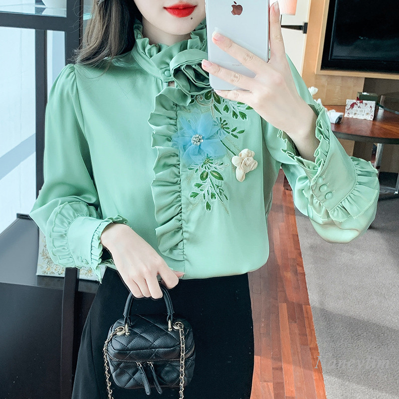 Roheline satiinsärk Naiste kevad- ja sügistopp 2024, uued tippklassi topid Šikk kaunite lilledega volangidega kraega pikkade varrukatega pluusid