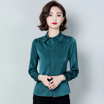 Divat Női Szatén blúzok Hosszú ujjú irodai OL Ingek Női Koreai Vintage Alkalmi felsők Ruházat blusas mujer de moda 2024