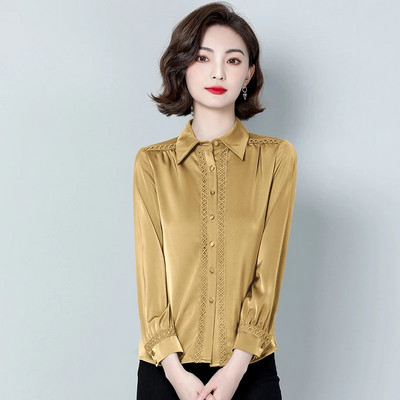 Divat Női Szatén blúzok Hosszú ujjú irodai OL Ingek Női Koreai Vintage Alkalmi felsők Ruházat blusas mujer de moda 2024
