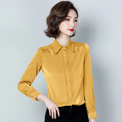 Divat Női Szatén blúzok Hosszú ujjú irodai OL Ingek Női Koreai Vintage Alkalmi felsők Ruházat blusas mujer de moda 2024