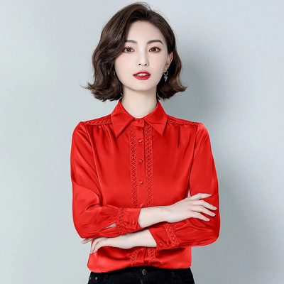 Divat Női Szatén blúzok Hosszú ujjú irodai OL Ingek Női Koreai Vintage Alkalmi felsők Ruházat blusas mujer de moda 2024