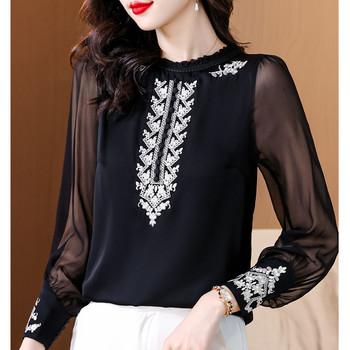 Ретро блуза с дълъг ръкав, пролет 2024 г., нова яка с бродирана черна коприна, ретро дамска риза