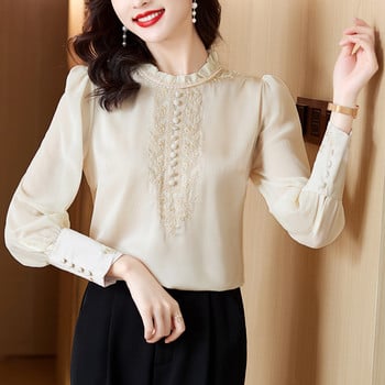 Ретро блуза с дълъг ръкав, пролет 2024 г., нова яка с бродирана черна коприна, ретро дамска риза