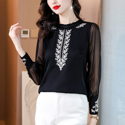 Retro stila blūze ar garām piedurknēm, 2024. gada pavasaris, jauna apkakle, izšūta zīdkoka zīda retro stila sieviešu krekls