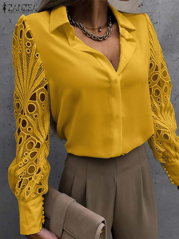 ZANZEA 2023 sügis, naiste topid, pitsist õmmeldud särgid Elegantsed moodsad pikkade varrukatega pluusid OL Reväärinööbid Tuunikad Blusas Naiselikud