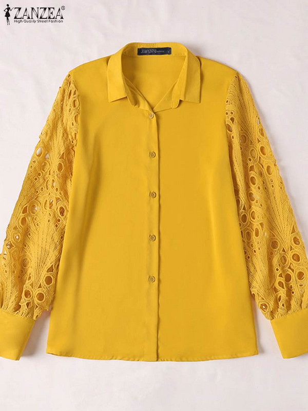 ZANZEA 2023 sügis, naiste topid, pitsist õmmeldud särgid Elegantsed moodsad pikkade varrukatega pluusid OL Reväärinööbid Tuunikad Blusas Naiselikud
