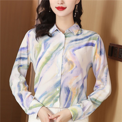 2024. Novi proljetni gornji dijelovi košulja dugih rukava s printom Ženska odjeća Uredska dama Opuštena satenska svilena bluza s otvorenim ovratnikom Femme Blusas