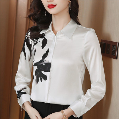 2024. Novi proljetni gornji dijelovi košulja dugih rukava s printom Ženska odjeća Uredska dama Opuštena satenska svilena bluza s otvorenim ovratnikom Femme Blusas
