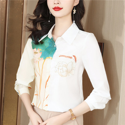 2024. Novi proljetni gornji dijelovi košulja dugih rukava s printom Ženska odjeća Uredska dama Opuštena satenska svilena bluza s otvorenim ovratnikom Femme Blusas