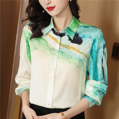 2024. Novi proljetni gornji dijelovi košulja dugih rukava s printom Ženska odjeća Uredska dama Opuštena satenska svilena bluza s otvorenim ovratnikom Femme Blusas
