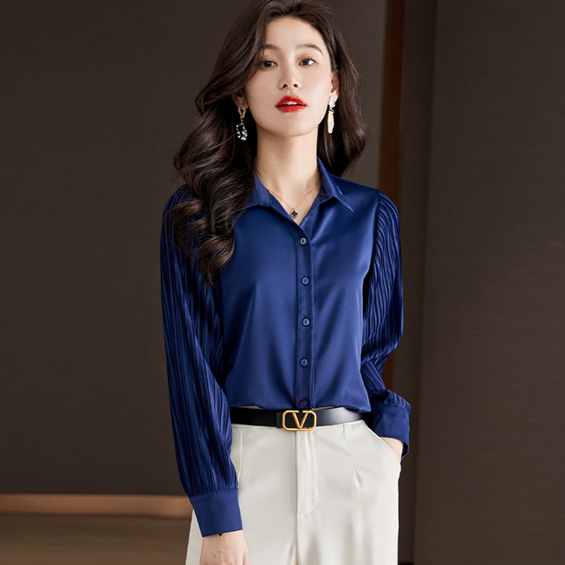 Női sifon ingek 2023 őszi elegáns divat, redőzött ujjú, alkalmi női blúzok Elegáns irodai női alap felsők Blusas Mujer