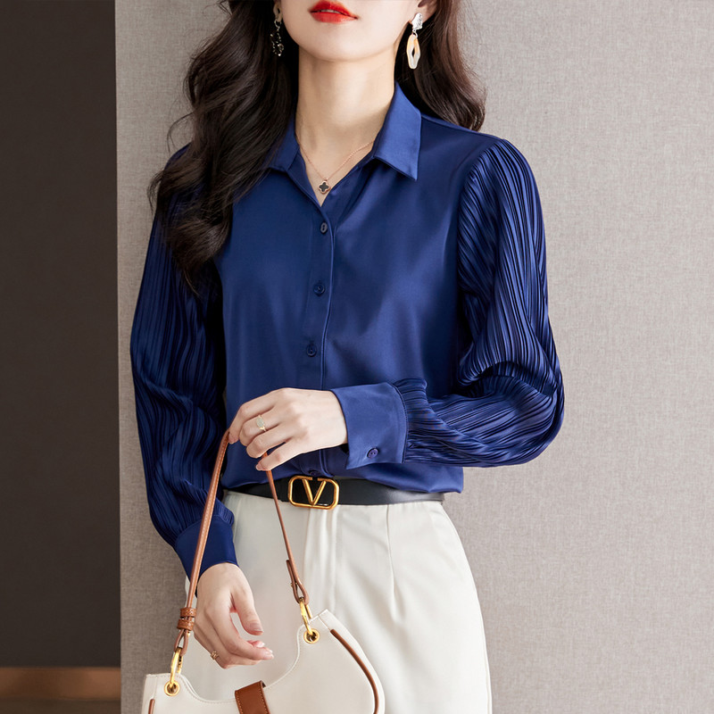 Női sifon ingek 2023 őszi elegáns divat, redőzött ujjú, alkalmi női blúzok Elegáns irodai női alap felsők Blusas Mujer