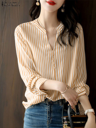 Elegáns női, V nyakú, hosszú ujjú csíkos ing divat tavaszi blúz 2024 ZANZEA Stílusos alkalmi munkafelsők Női irodai blusák