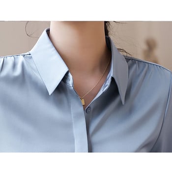Простота, скрити копчета, плътни сатенени копринени ризи за жени Класически офисни универсални сини кайсиеви бели блузи, топове Дамски