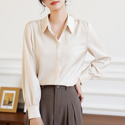 Lihtsuse peidetud nööbid Solid Satiinist siidist särgid naistele Klassikalised kontoris sobivad sinised aprikoosist valged pluusist topsid naistele