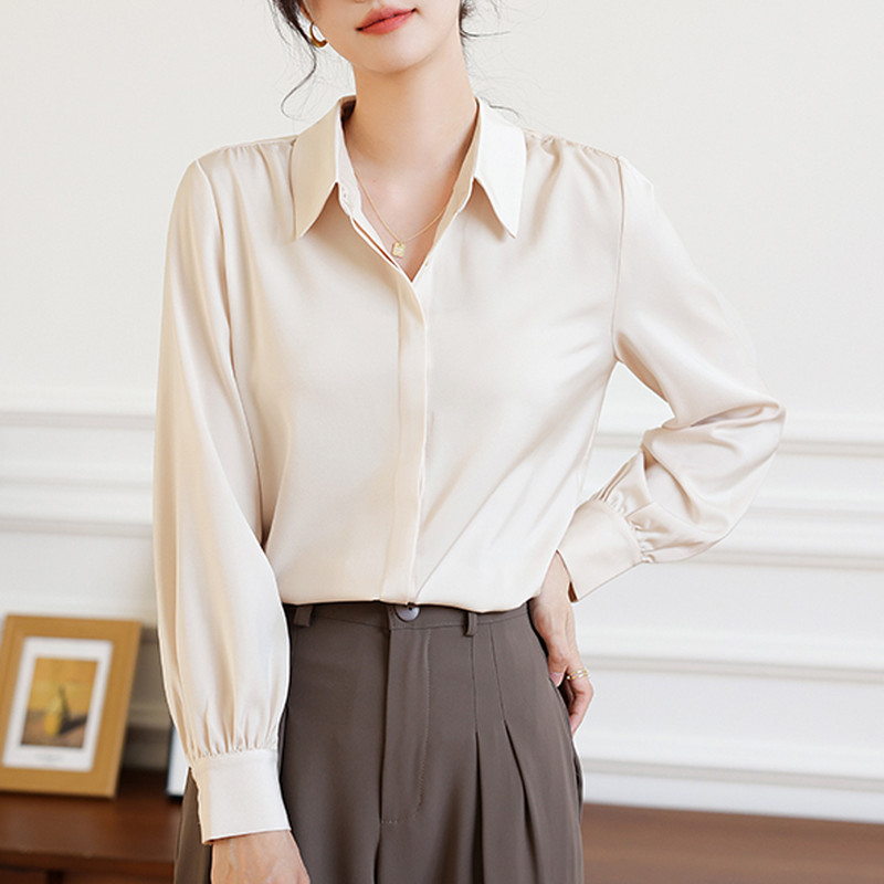 Lihtsuse peidetud nööbid Solid Satiinist siidist särgid naistele Klassikalised kontoris sobivad sinised aprikoosist valged pluusist topsid naistele