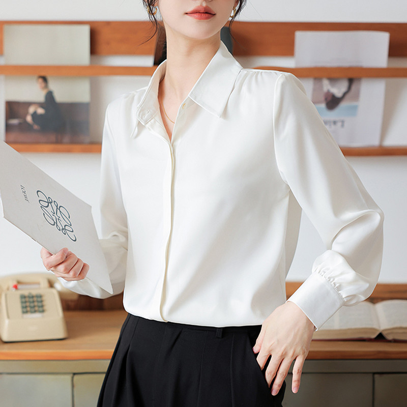 Lihtsuse peidetud nööbid Solid Satiinist siidist särgid naistele Klassikalised kontoris sobivad sinised aprikoosist valged pluusist topsid naistele