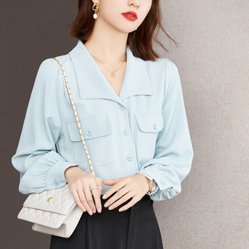 Нови дамски ризи Офис дами Блузи с джоб с дълъг ръкав Дамски ежедневни топове с копчета Корейска мода Дамско облекло 2024 г.