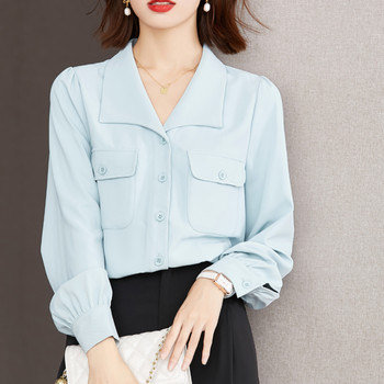 Нови дамски ризи Офис дами Блузи с джоб с дълъг ръкав Дамски ежедневни топове с копчета Корейска мода Дамско облекло 2024 г.
