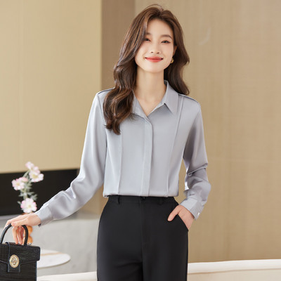 NAVIU kávés ing női új őszi divat temperamentum professzionális formális szatén blúzok Irodai női munkafelsők szürke