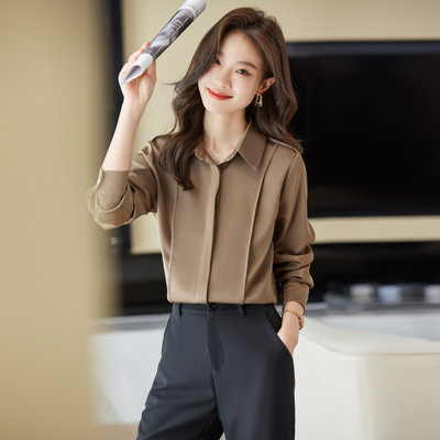 NAVIU kávés ing női új őszi divat temperamentum professzionális formális szatén blúzok Irodai női munkafelsők szürke