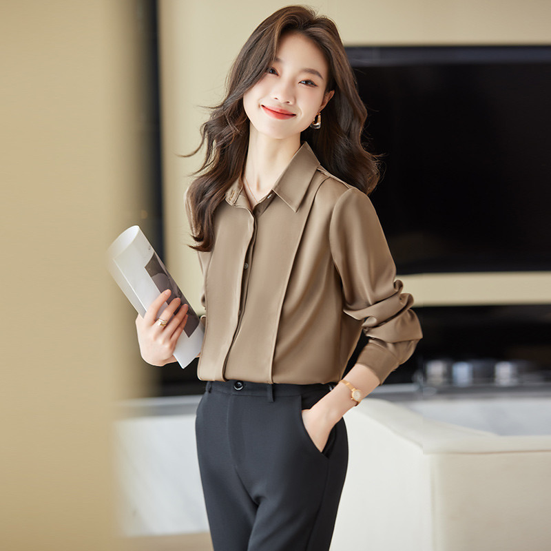 NAVIU kávés ing női új őszi divat temperamentum professzionális formális szatén blúzok Irodai női munkafelsők szürke