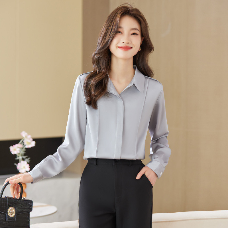 NAVIU kávés ing női új őszi divat temperamentum professzionális formális szatén blúzok Irodai női munkafelsők szürke