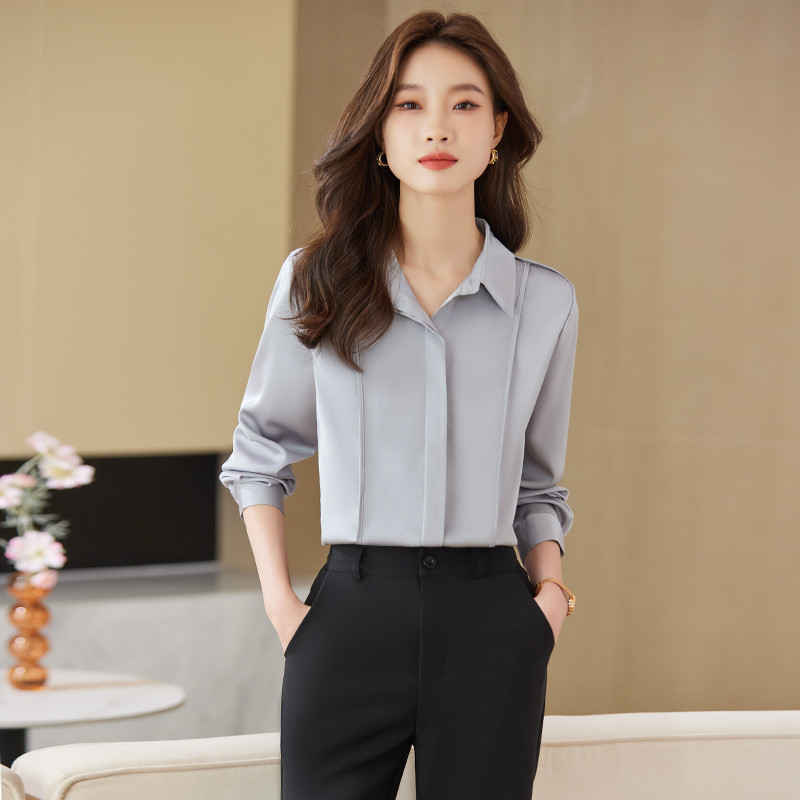 NAVIU kávés ing női új őszi divat temperamentum professzionális formális szatén blúzok Irodai női munkafelsők szürke