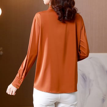2023 Нови дамски ризи Сатенена блуза за жени Риза с дълъг ръкав Копринена оранжева риза OL Дамски едноцветни блузи Дамски едноцветни топове