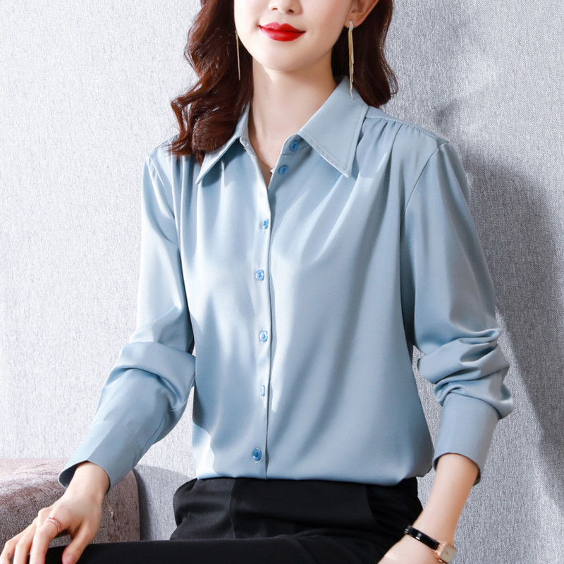 2023 új női ingek szatén blúz női hosszú ujjú ing selyem narancssárga ing OL női tömör blúzok női tömör felsők