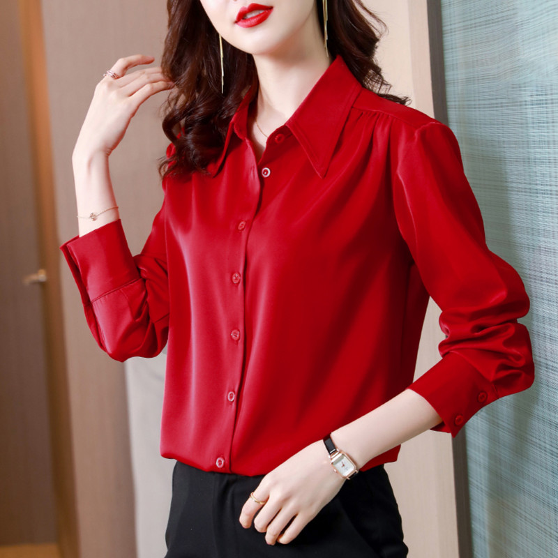 2023 új női ingek szatén blúz női hosszú ujjú ing selyem narancssárga ing OL női tömör blúzok női tömör felsők