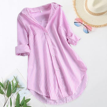 Памучна ленена дамска риза 4XL плюс размер Блуза с отложена яка с дълъг ръкав Дамски плажен стил Дамски есенни дрехи Топ шик