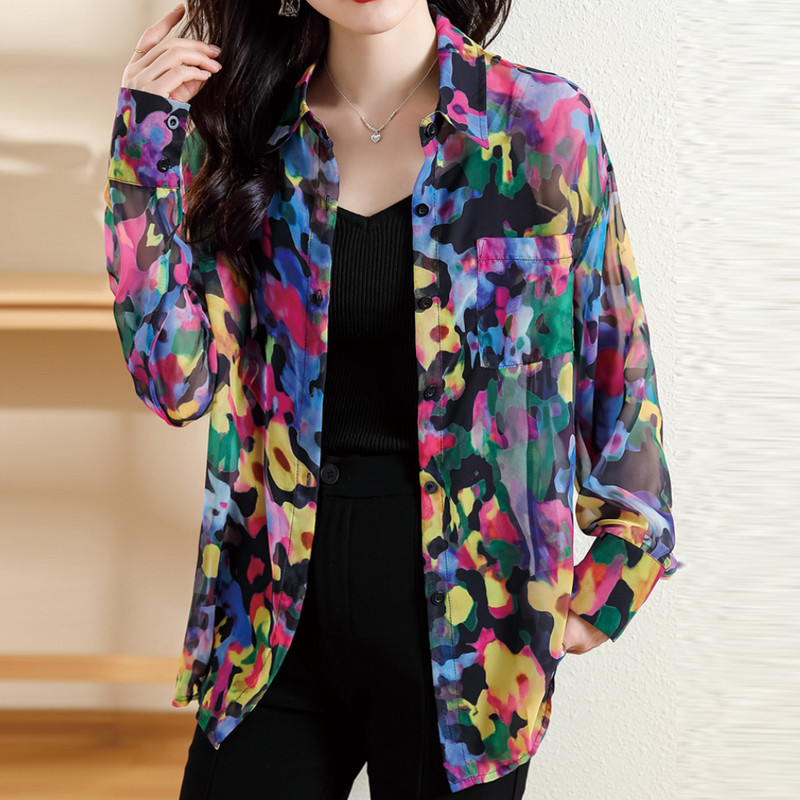 Chic šarene majice dugih rukava s printom za žene Vintage široke ženske opuštene ležerne bluze dugih rukava Modne ženske bluze