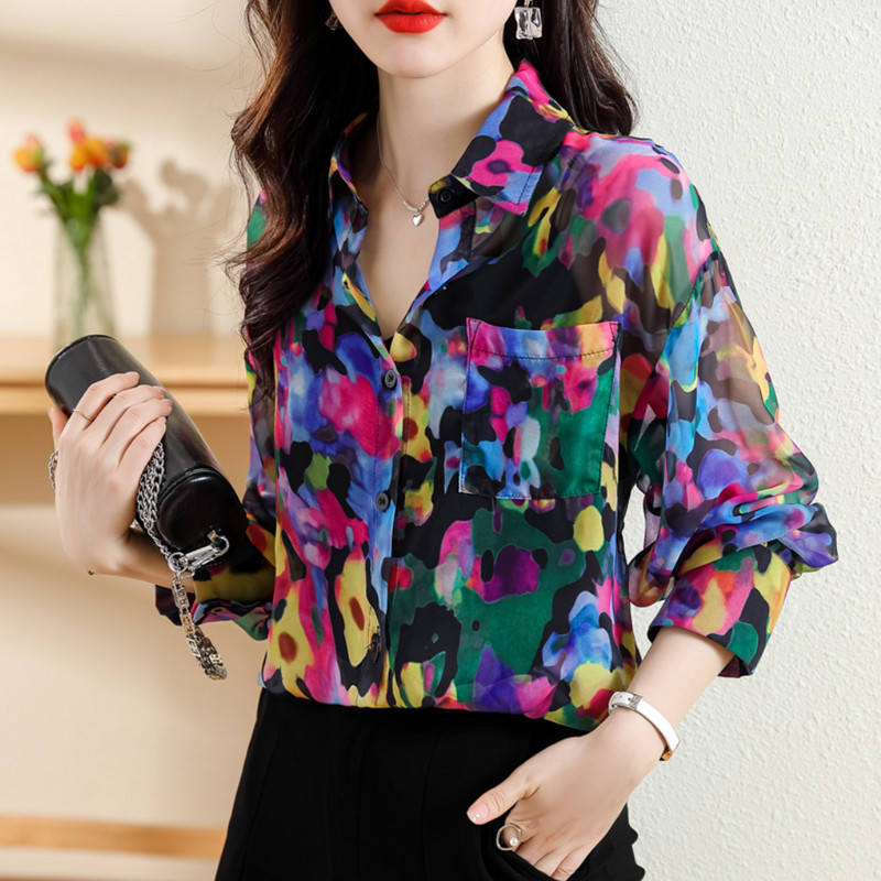 Chic šarene majice dugih rukava s printom za žene Vintage široke ženske opuštene ležerne bluze dugih rukava Modne ženske bluze