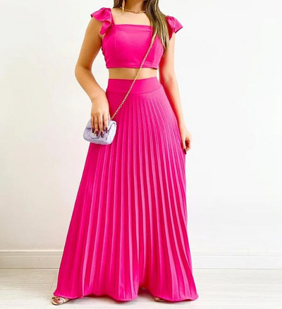 Uus 2023. aasta moekas naiste lühike, kõrge vöökohaga plisseeritud poolpikk kleidi vabaaja komplekt