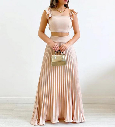 Uus 2023. aasta moekas naiste lühike, kõrge vöökohaga plisseeritud poolpikk kleidi vabaaja komplekt