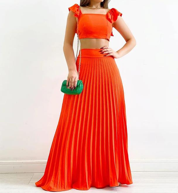 Uus 2023. aasta moekas naiste lühike, kõrge vöökohaga plisseeritud poolpikk kleidi vabaaja komplekt