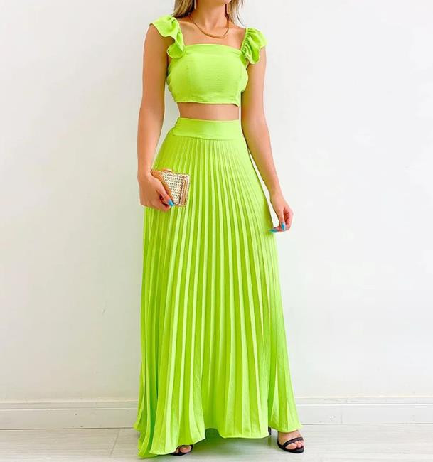 Uus 2023. aasta moekas naiste lühike, kõrge vöökohaga plisseeritud poolpikk kleidi vabaaja komplekt