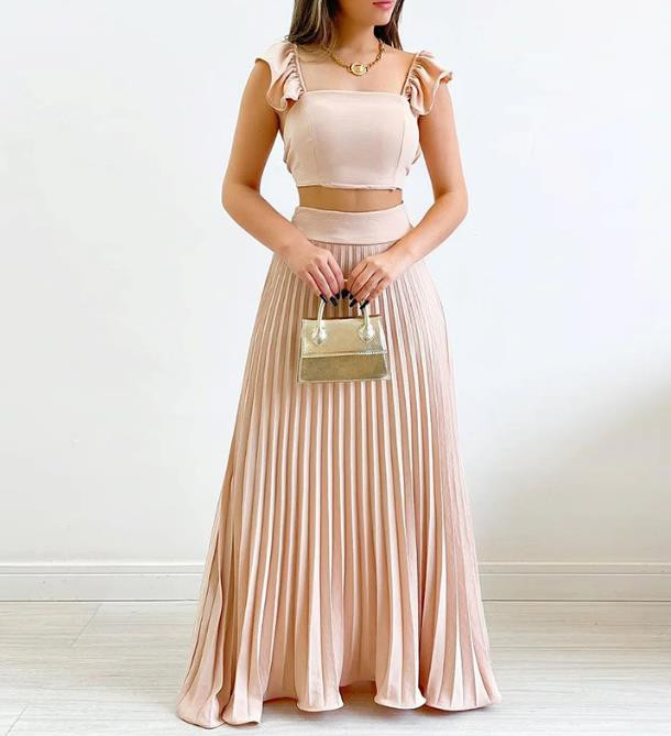 Uus 2023. aasta moekas naiste lühike, kõrge vöökohaga plisseeritud poolpikk kleidi vabaaja komplekt