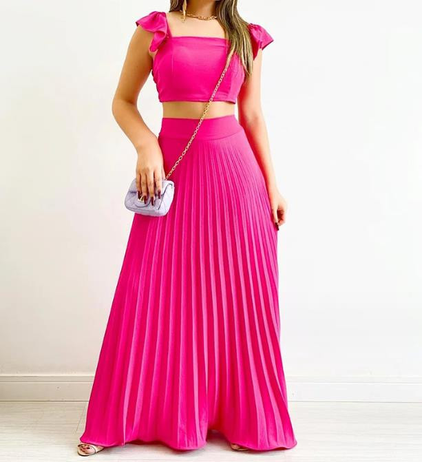 Uus 2023. aasta moekas naiste lühike, kõrge vöökohaga plisseeritud poolpikk kleidi vabaaja komplekt